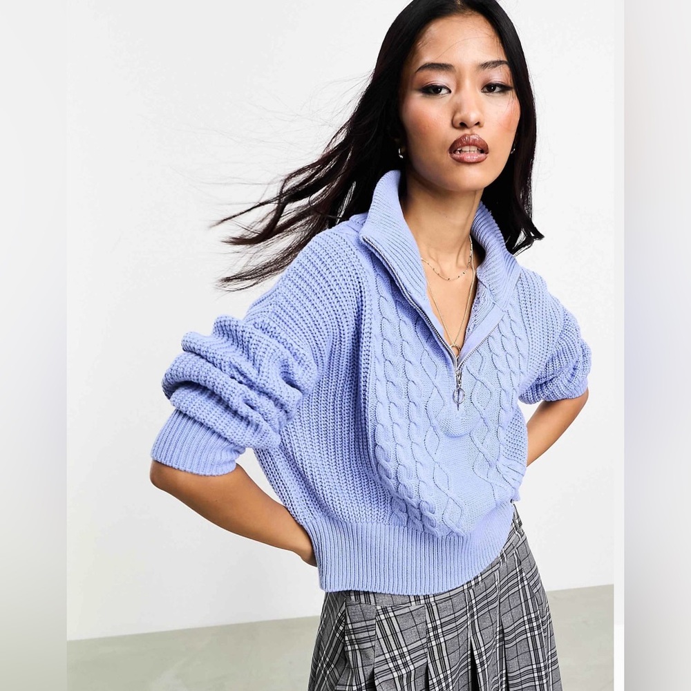 Only Half Zip Blue Cable Knit Sweater